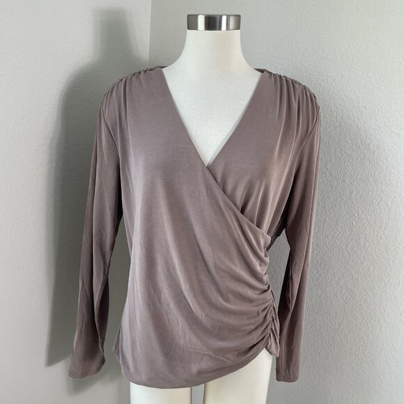 Express Wrap Top Womens XL Taupe Brown Long Sleeve Ruched Pullover Blouse Modal - Picture 1 of 8